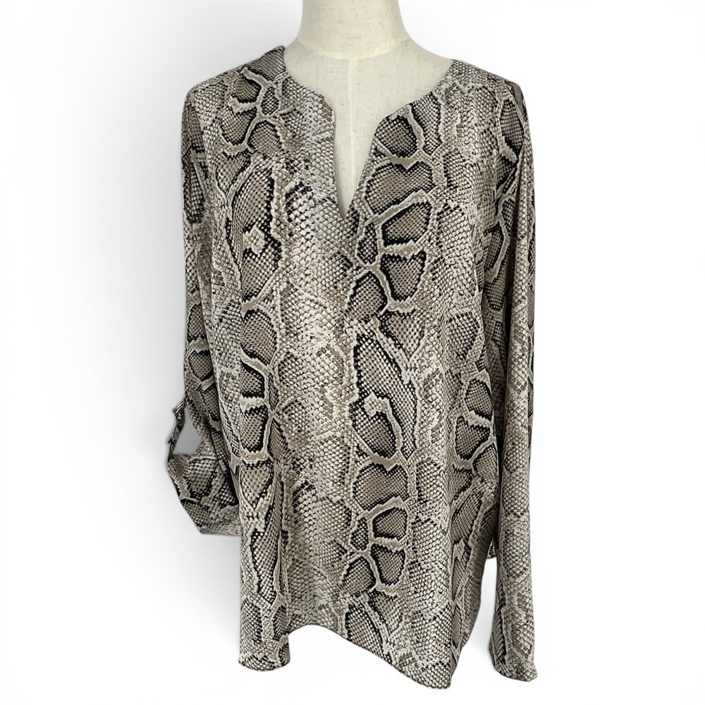 Michael Kors Womens Snakeskin Print Roll Tab Sleeve Blouse Tan Grey Casual XL